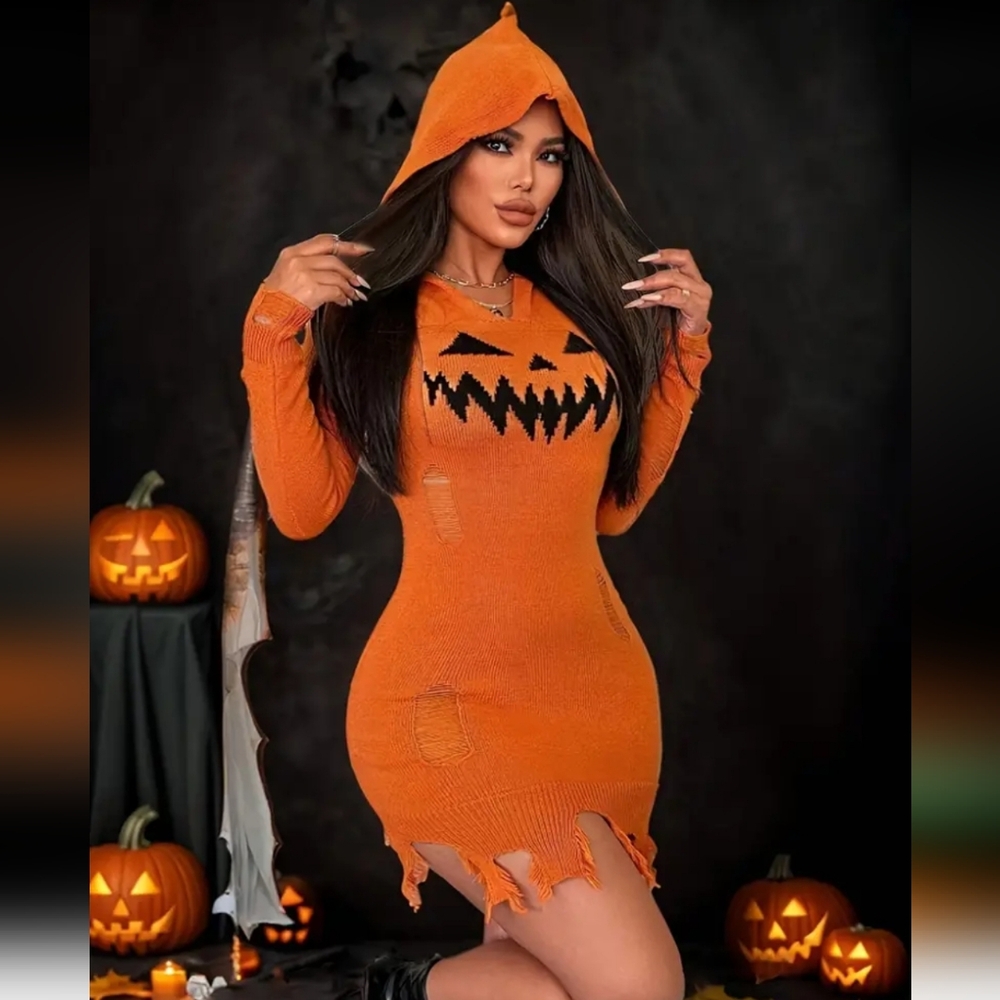 Orange Hooded Pumpkin Knit Dress